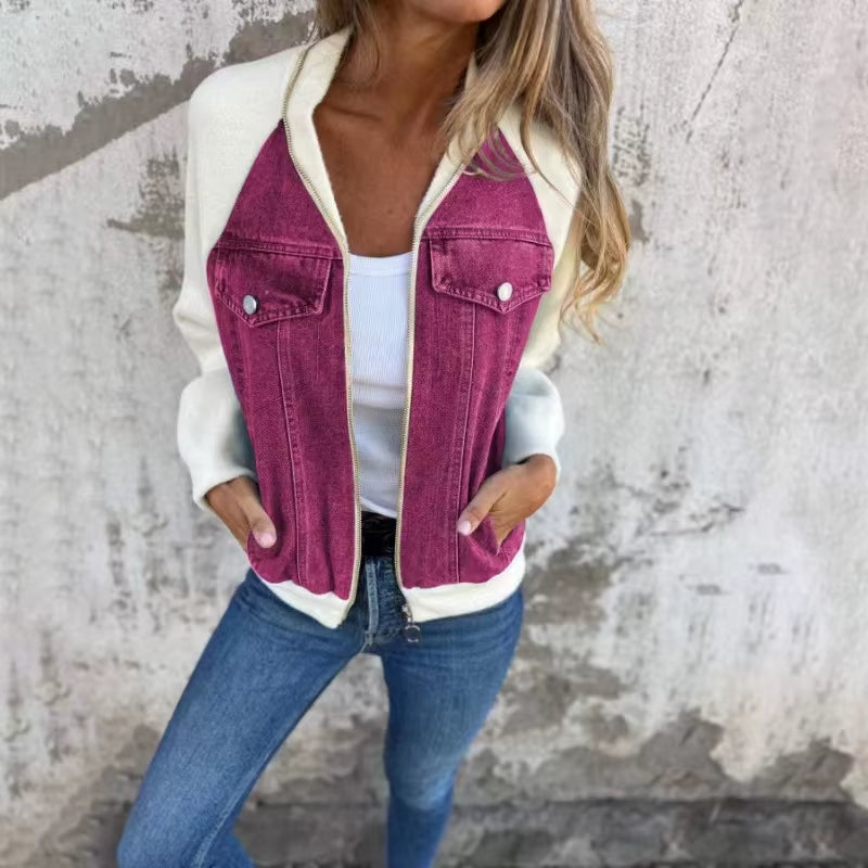 Autumn Winter New Denim Patchwork Jacket Coat for Women'S Casual Fashion Shoulder Rubbing Long Sleeve V Neck Denim Jacket Female