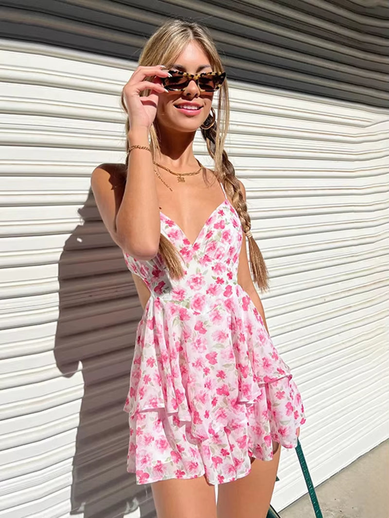 Fashion Casual Sleeveless V-Neck Dress for Women Sexy Short Floral Summer Dress Lace-Up Patchwork Backless Y2K Women Clothing