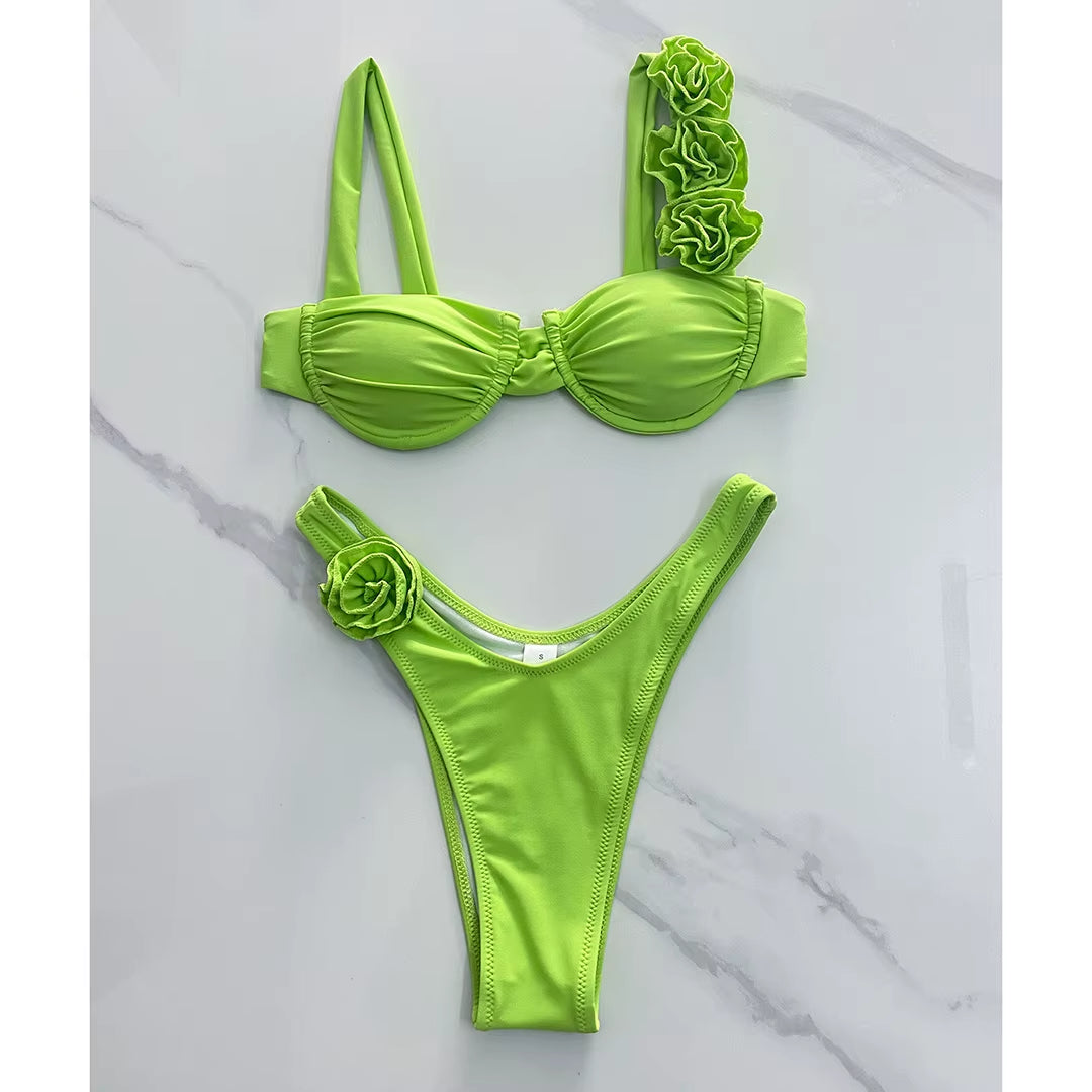3D Flower Underwired Brazilian Shiny Bikini Female Swimsuit Women Swimwear Two-Pieces Bikini Set Bather Bathing Suit Swim V4943P