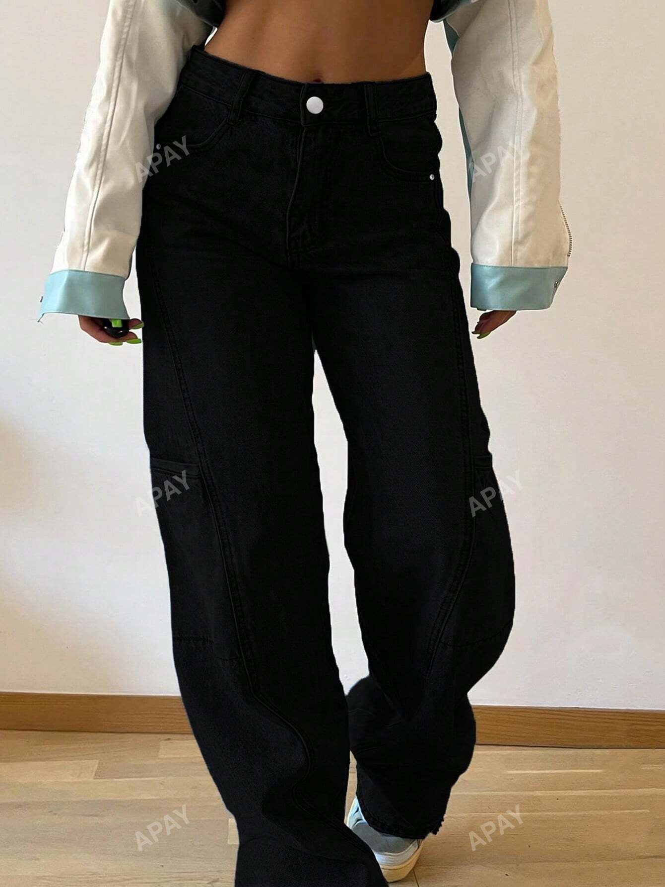 Boyfriend Style Patchwork Women'S Straight Leg Jeans , Black Baggy Jeans