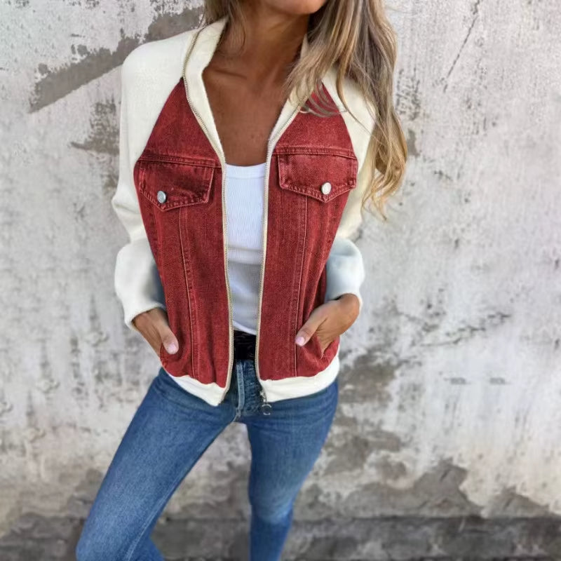 Autumn Winter New Denim Patchwork Jacket Coat for Women'S Casual Fashion Shoulder Rubbing Long Sleeve V Neck Denim Jacket Female