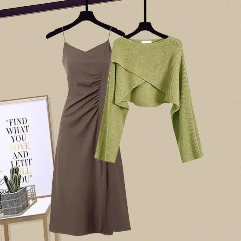 2025 Spring Autumn New Dress Matching Set Women'S Chic Irregular Knit Sweater Sling Skirt Two Piece Korean Elegant Pullover Suit