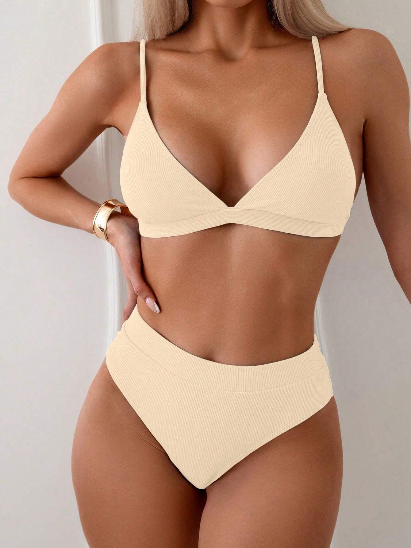 Swim Women'S Solid Color Sexy Bikini Set, Vacation Beach Swimwear