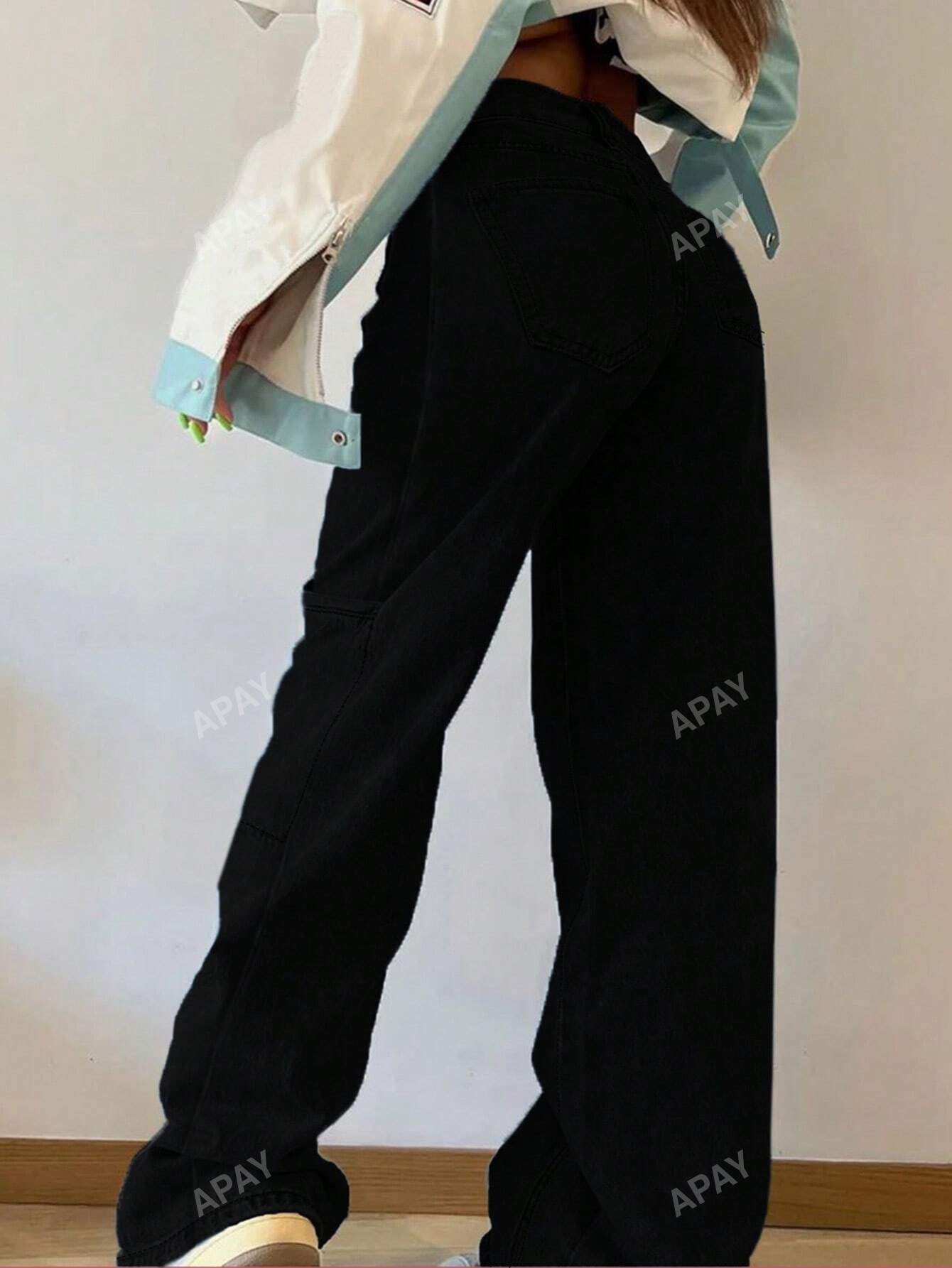 Boyfriend Style Patchwork Women'S Straight Leg Jeans , Black Baggy Jeans