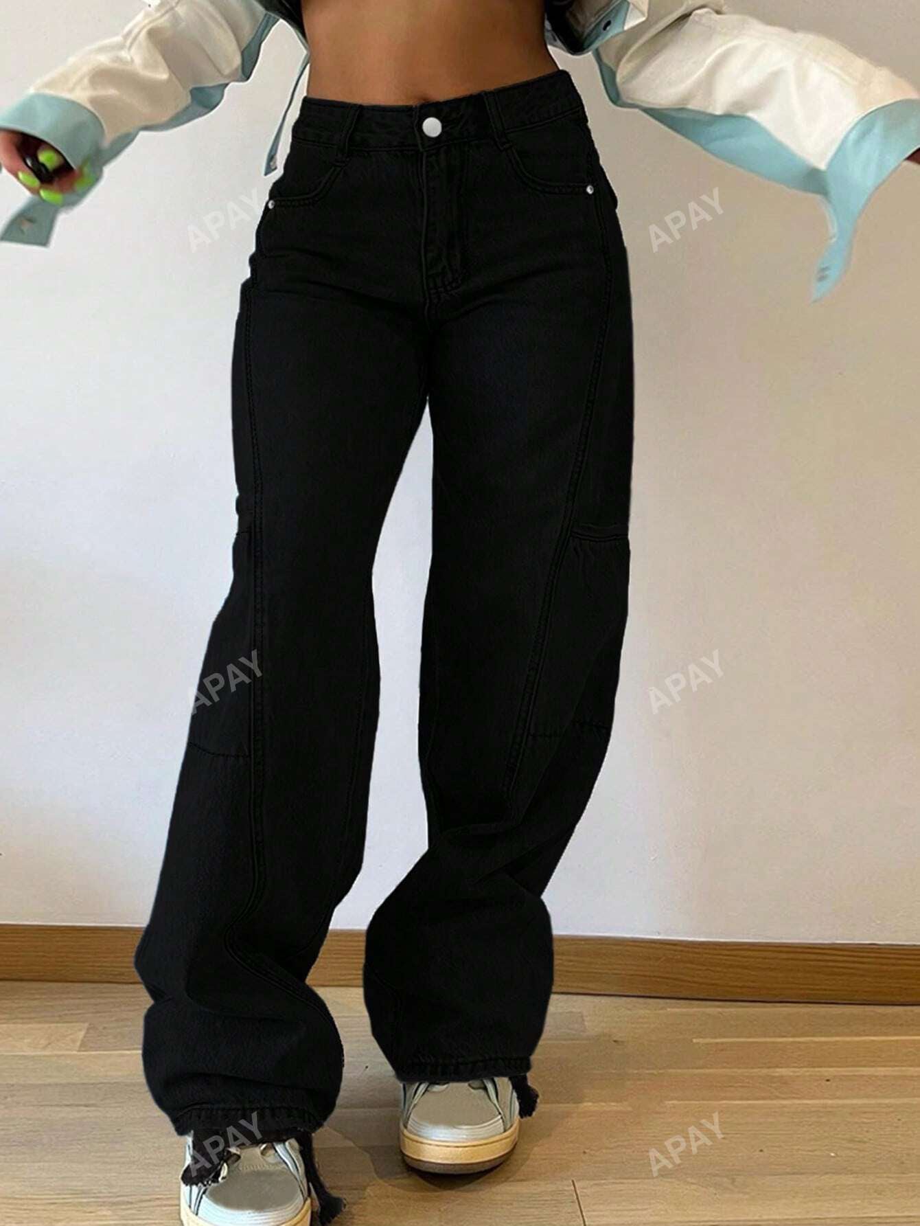 Boyfriend Style Patchwork Women'S Straight Leg Jeans , Black Baggy Jeans