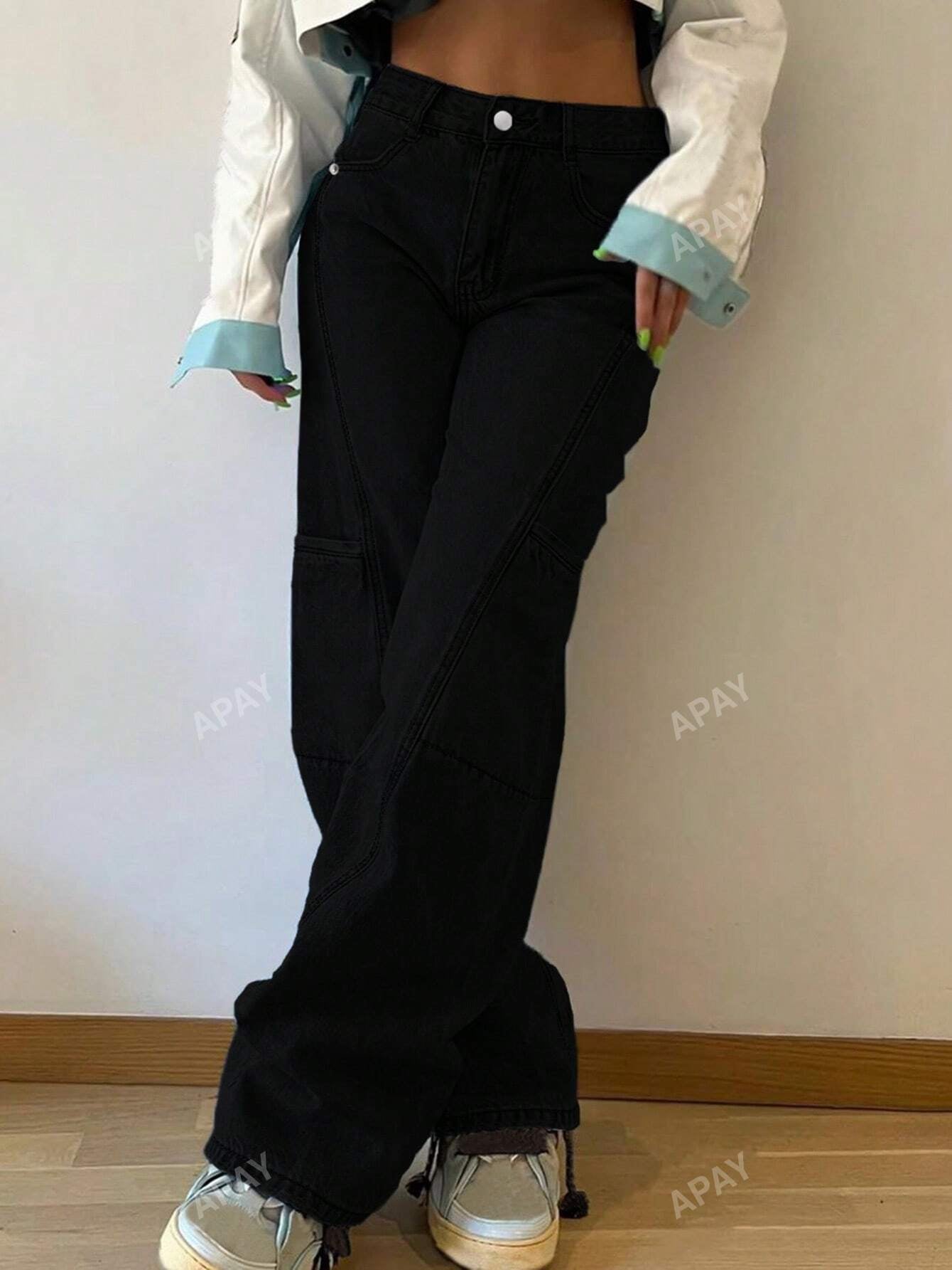 Boyfriend Style Patchwork Women'S Straight Leg Jeans , Black Baggy Jeans