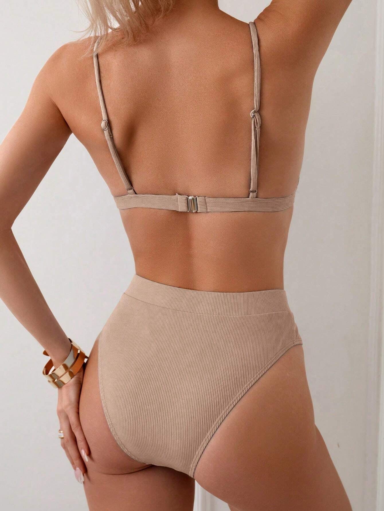 Swim Women'S Solid Ribbed Knit Bikini Set, Two Pieces Bikini Set Swimwear Bathing Suit Beach Outfit Summer Vacation,Summer Beach