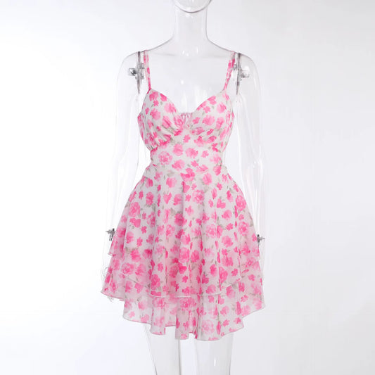 Fashion Casual Sleeveless V-Neck Dress for Women Sexy Short Floral Summer Dress Lace-Up Patchwork Backless Y2K Women Clothing